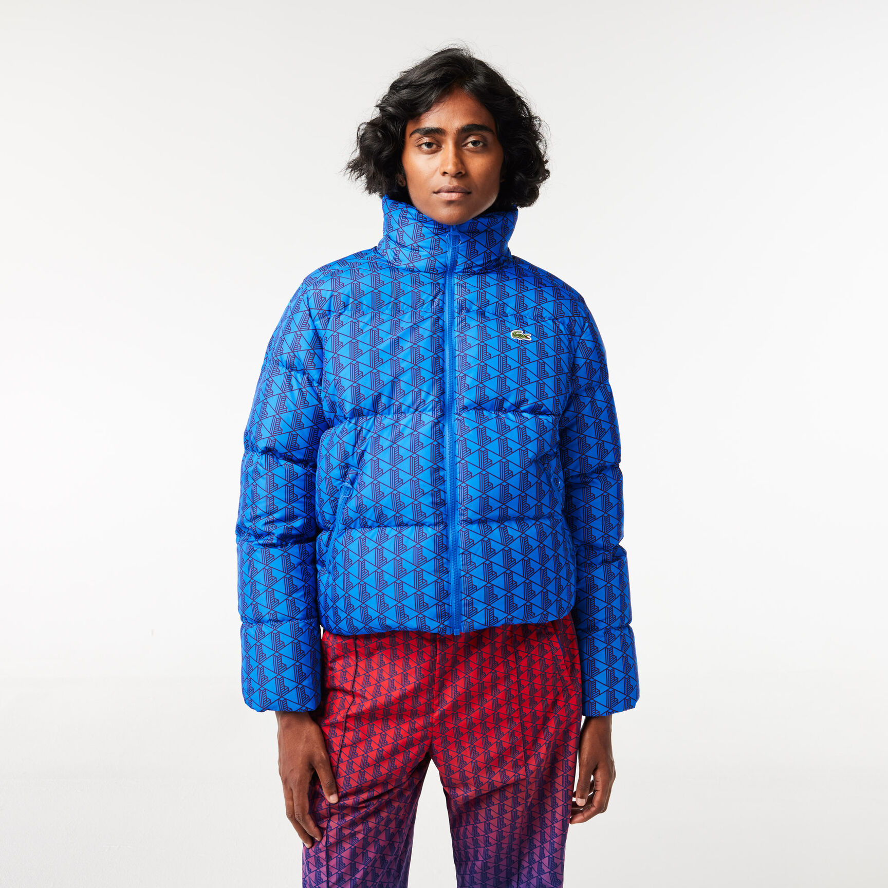 Hooded Monogram Print Puffer Jacket with Puffed Croc at Back Hooded Monogram Print Puffer Jacket with Puffed Croc at Back