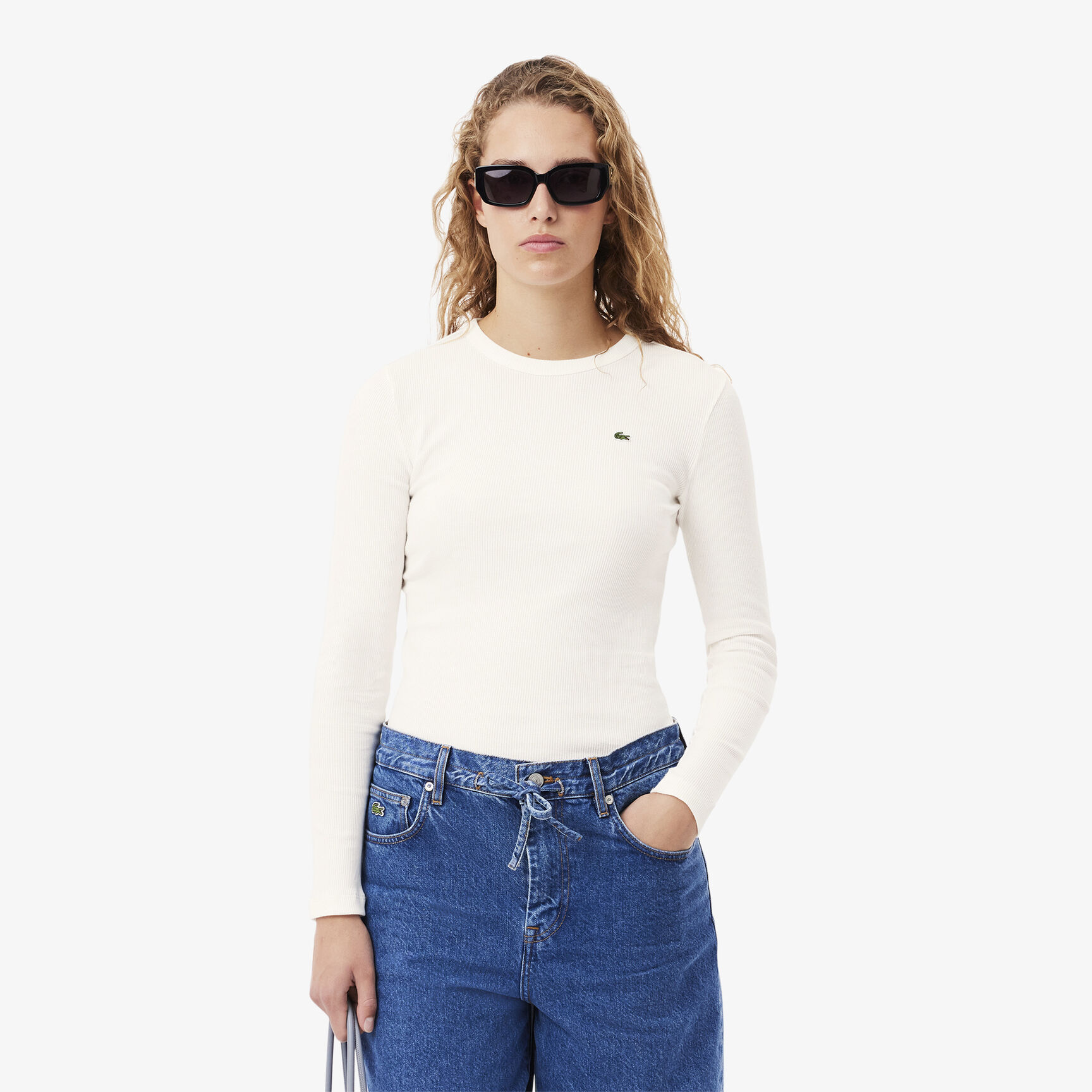 تي شيرت قطن مضلع بأكمام طويلة