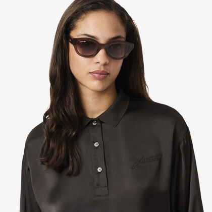 Long Sleeved Oversized Satin Polo Shirt Long Sleeved Oversized Satin Polo Shirt