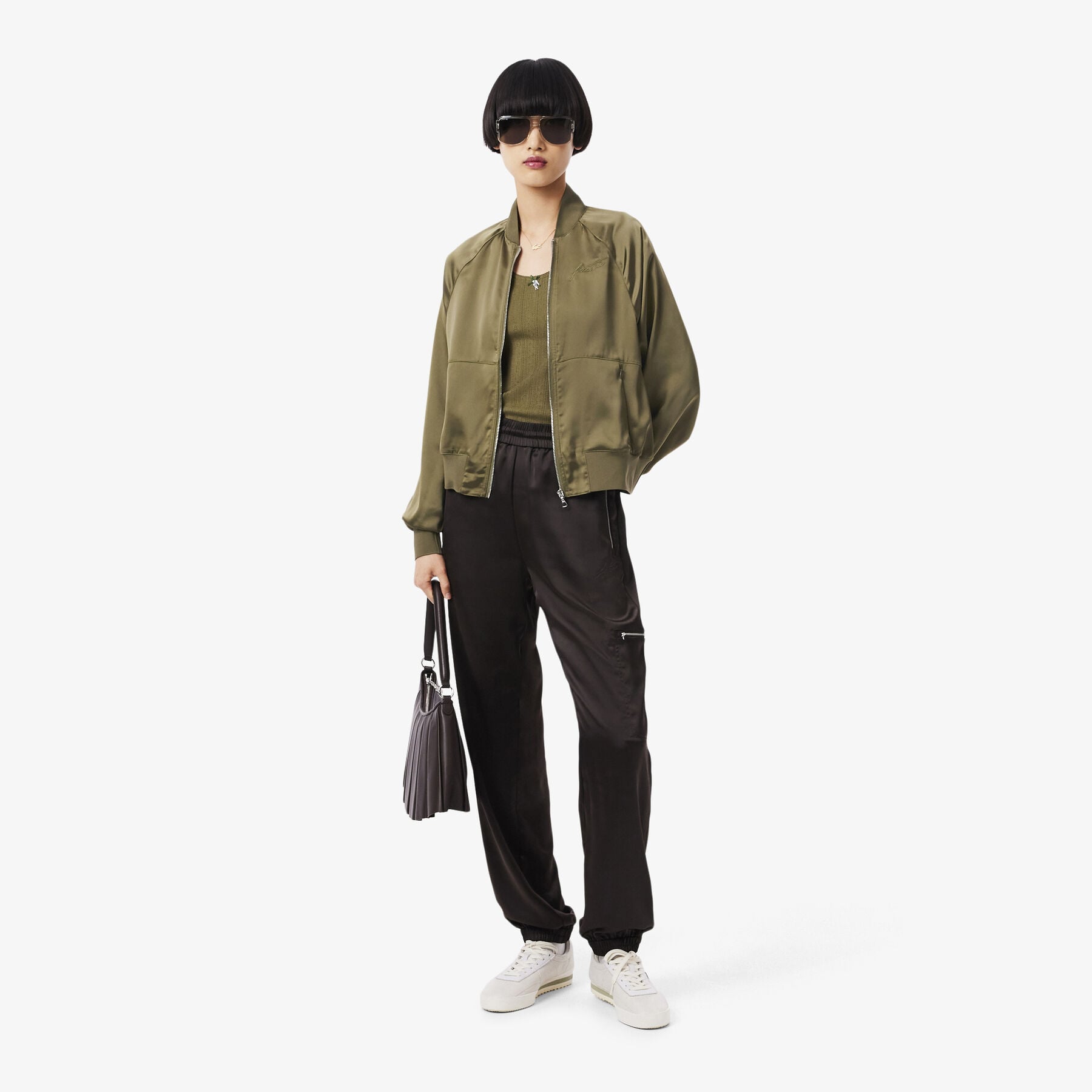 Oversized Embroidered Signature Satin Bomber Jacket lacoste oversized embroidered signature satin bomber jacket