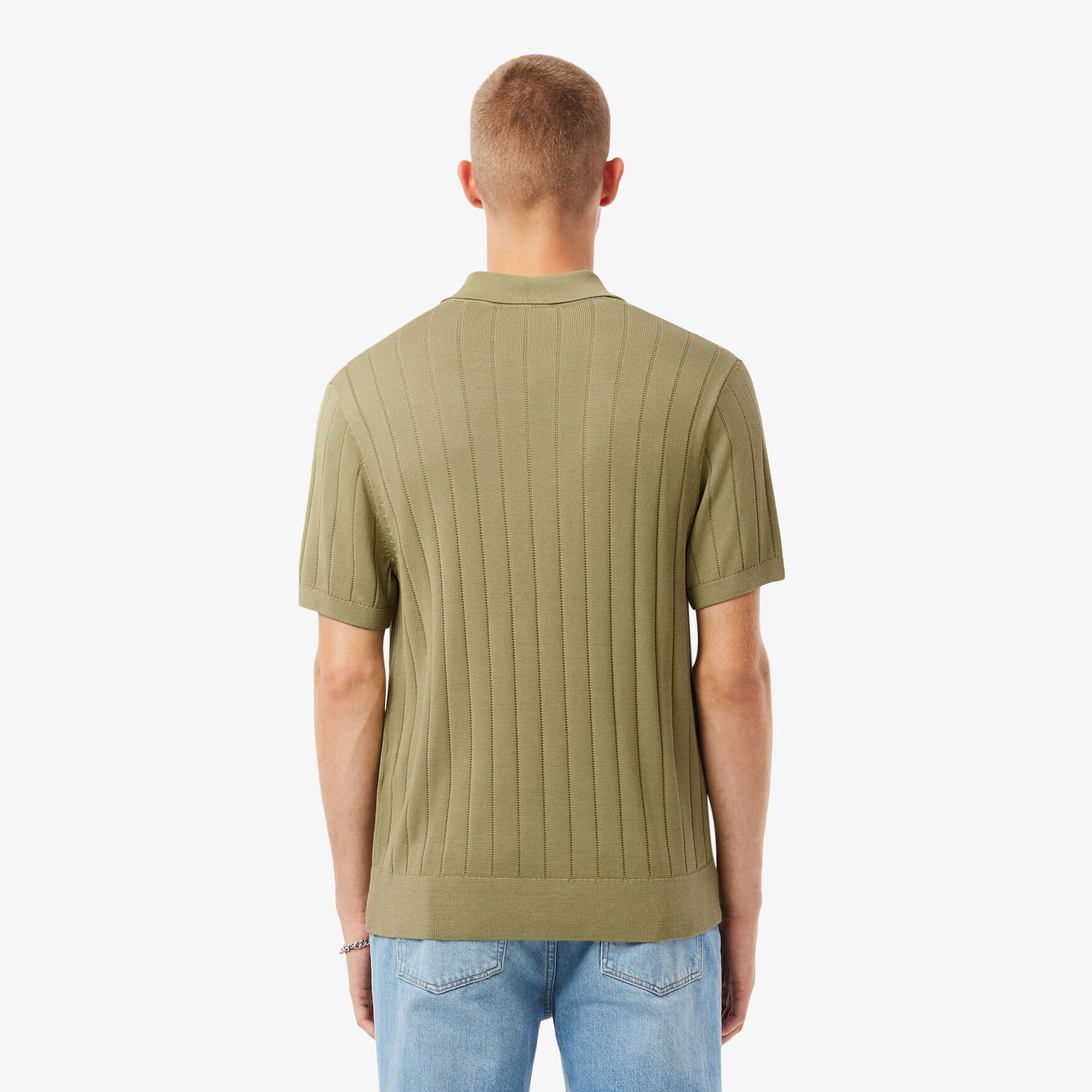 Fluid Ribbed Knit Polo Collar Sweater