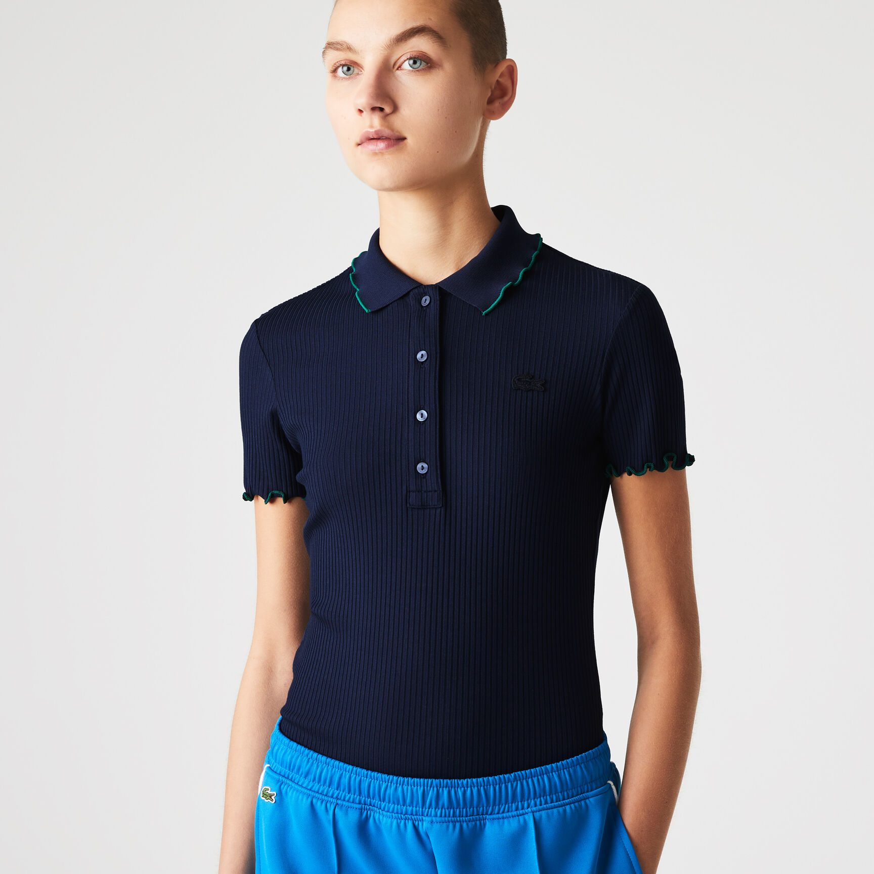 Women's Lacoste Slim Fit Ribbed Colored Flounced Details Polo Women's Lacoste Slim Fit Ribbed Colored Flounced Details Polo