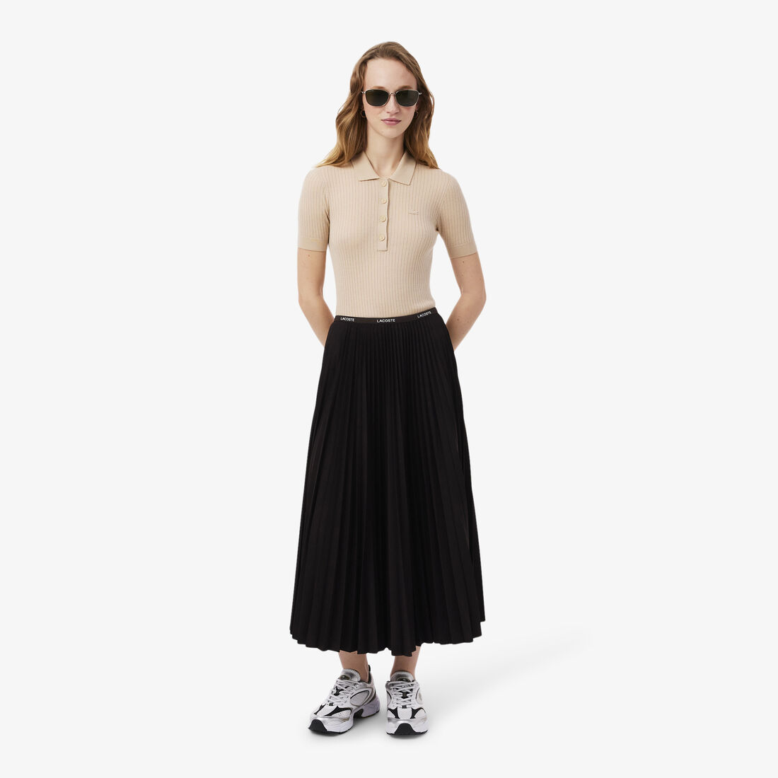 lacoste long pleated elasticated waist skirt
