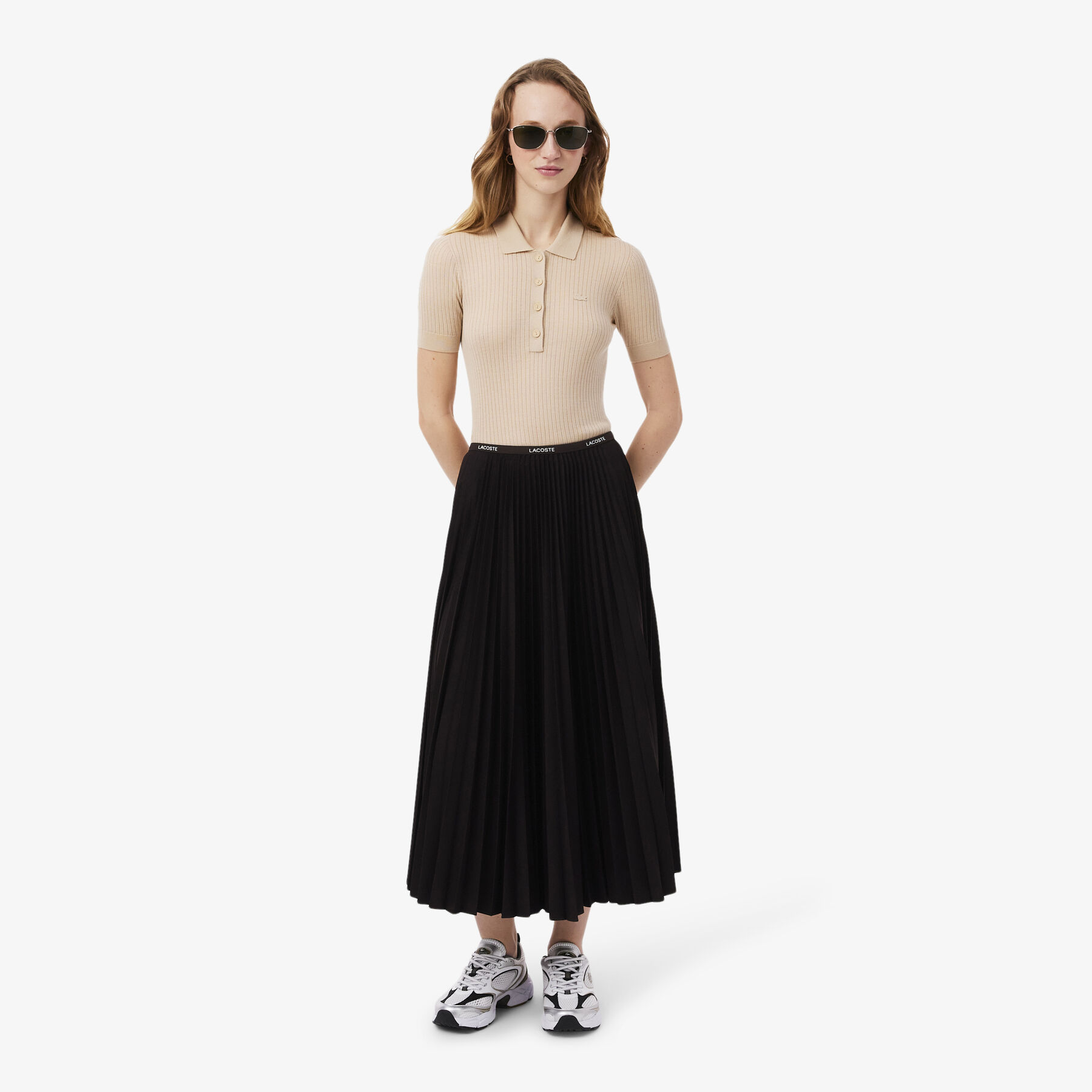 lacoste long pleated elasticated waist skirt