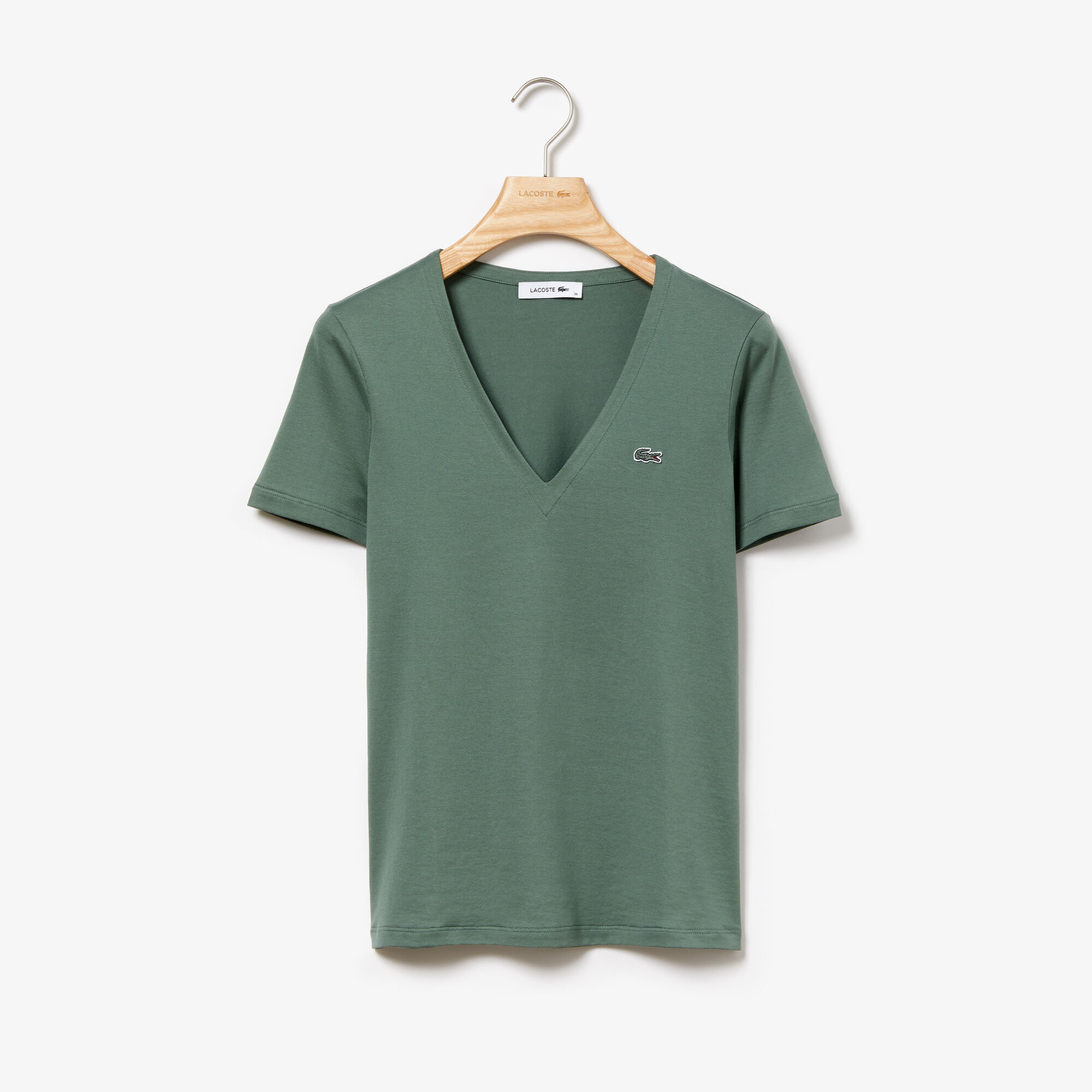قميص تي-شيرت نسائي من قطن الجيرسيه ذو قصة ضيقة وفتحة رقبة على شكل حرف V