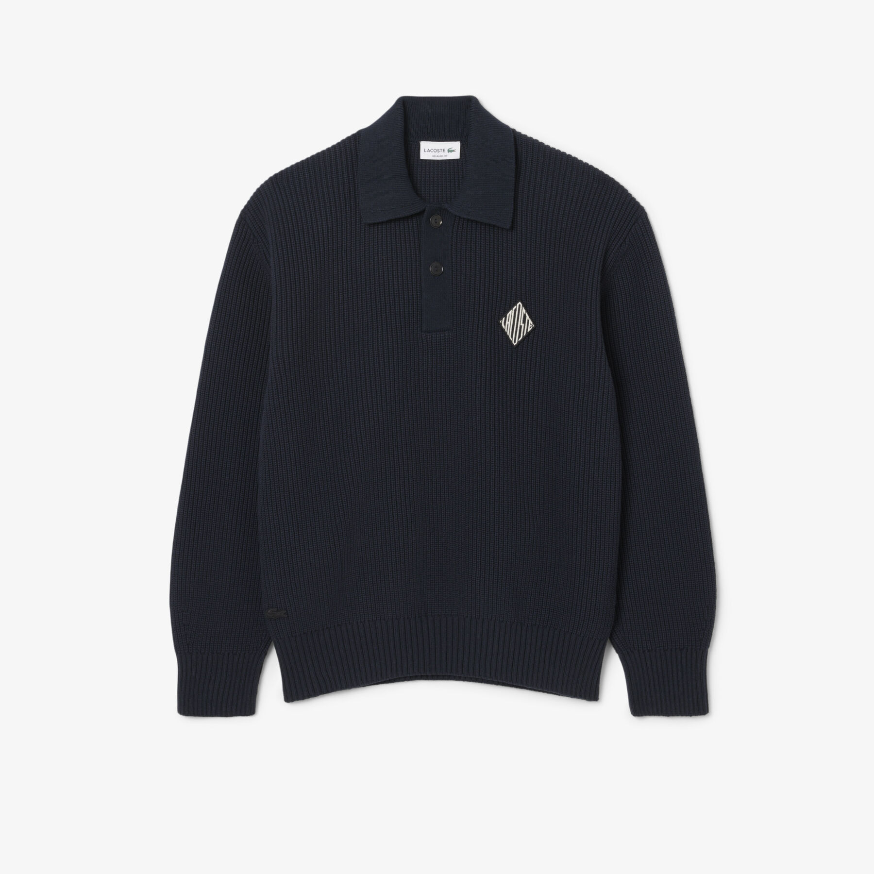 lacoste badge accent pearl rib polo collar sweater