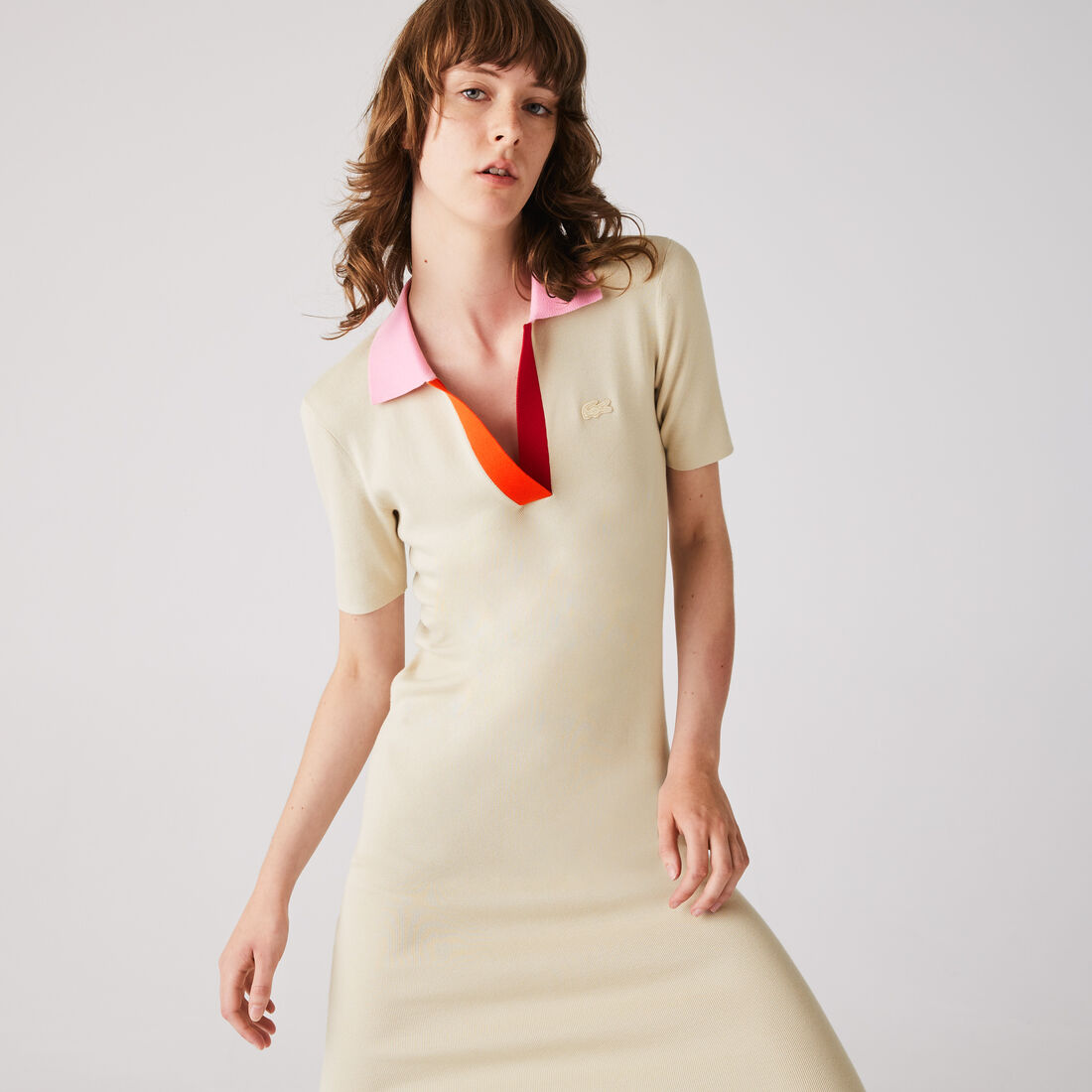 فستان طويل بشكل قميص من القطن المحبوك ثنائي اللون بياقة بولو للنساء فستان طويل بشكل قميص من القطن المحبوك ثنائي اللون بياقة بولو للنساء