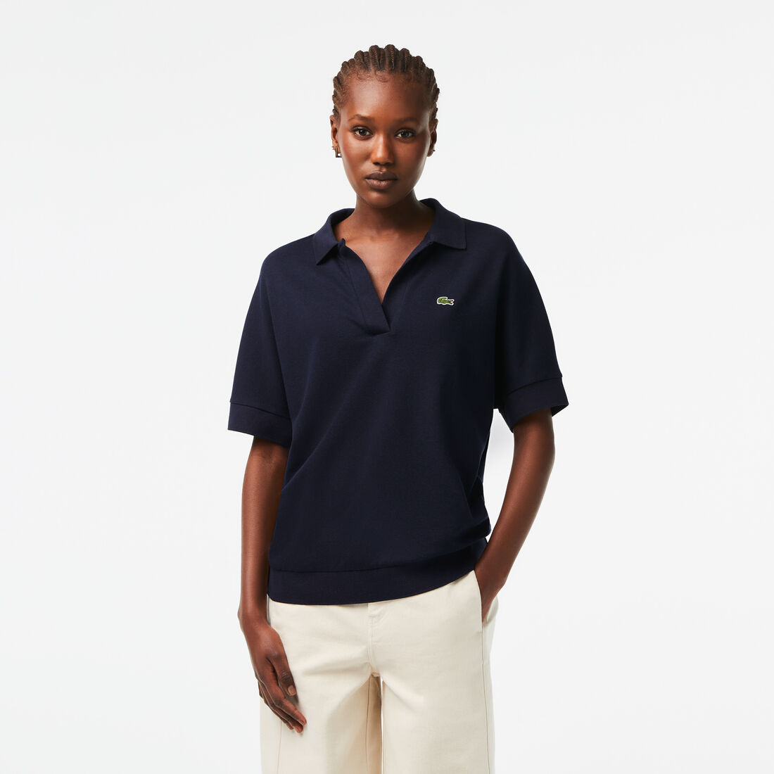 Open Neck Fluid Pique Polo Shirt