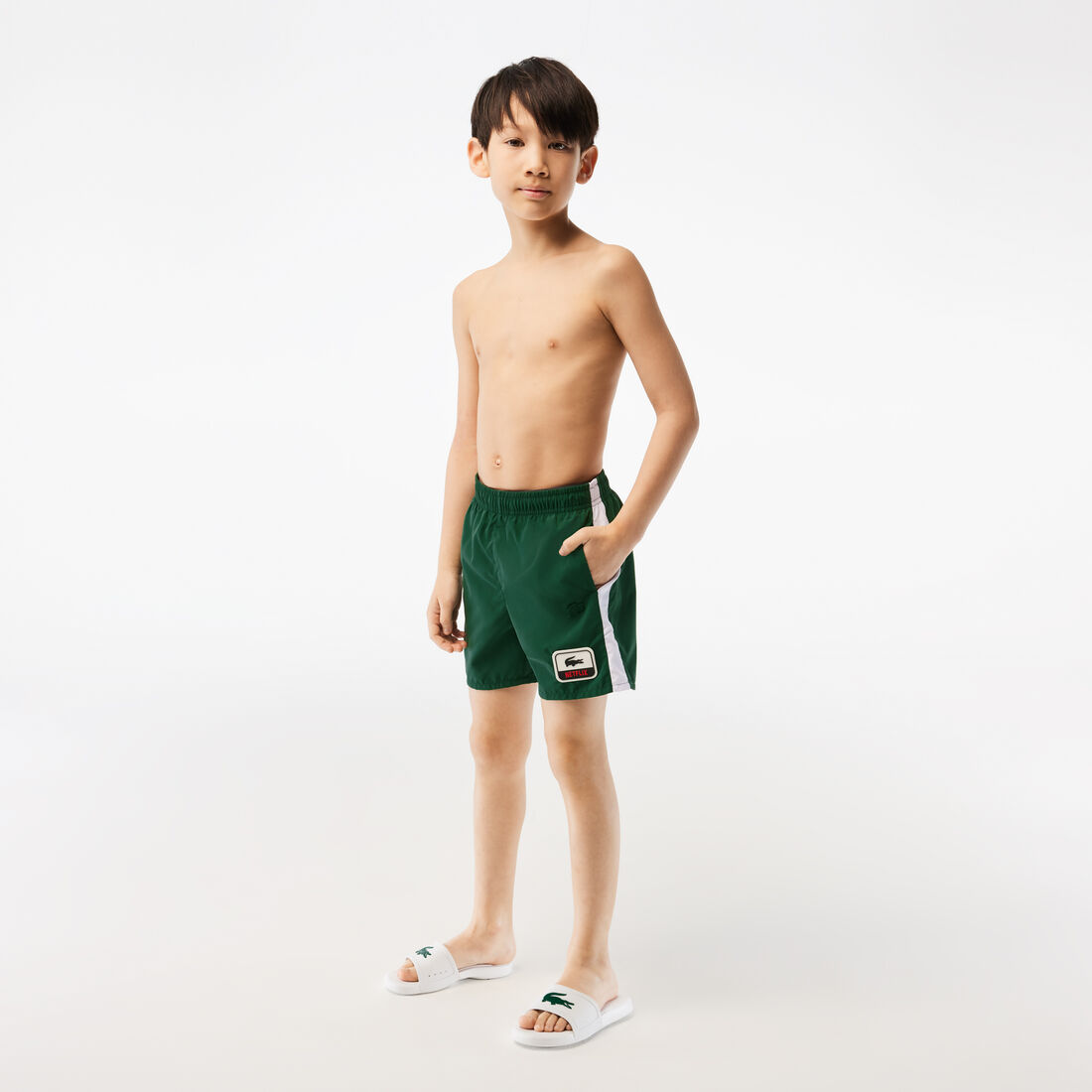 Boy’s Lacoste x Netflix Contrast Badge Swim Trunks