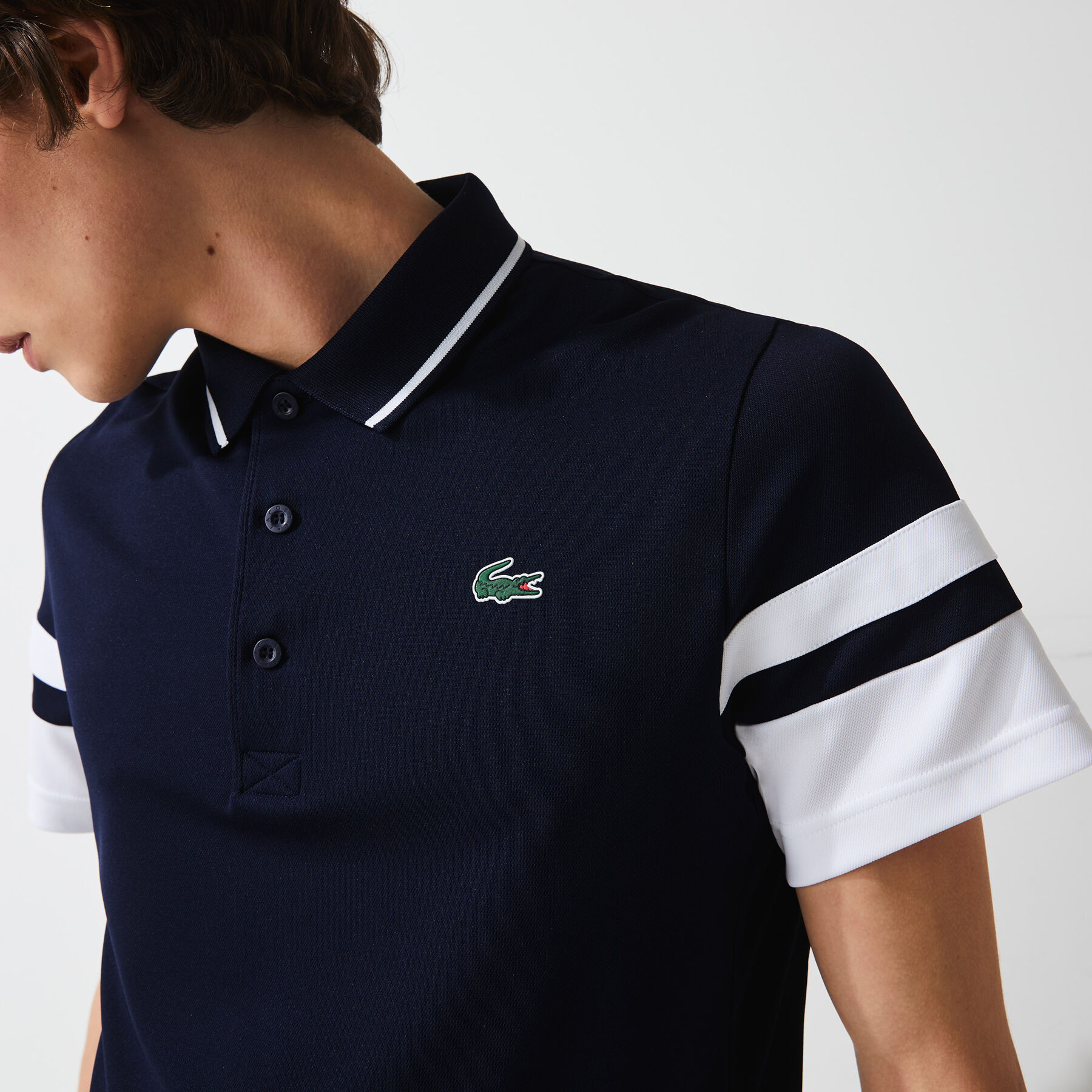 لاكوست قميص بولو للتنس من البيكيه المسامي للرجال مع أكمام مقلمة مجموعة lacoste sport