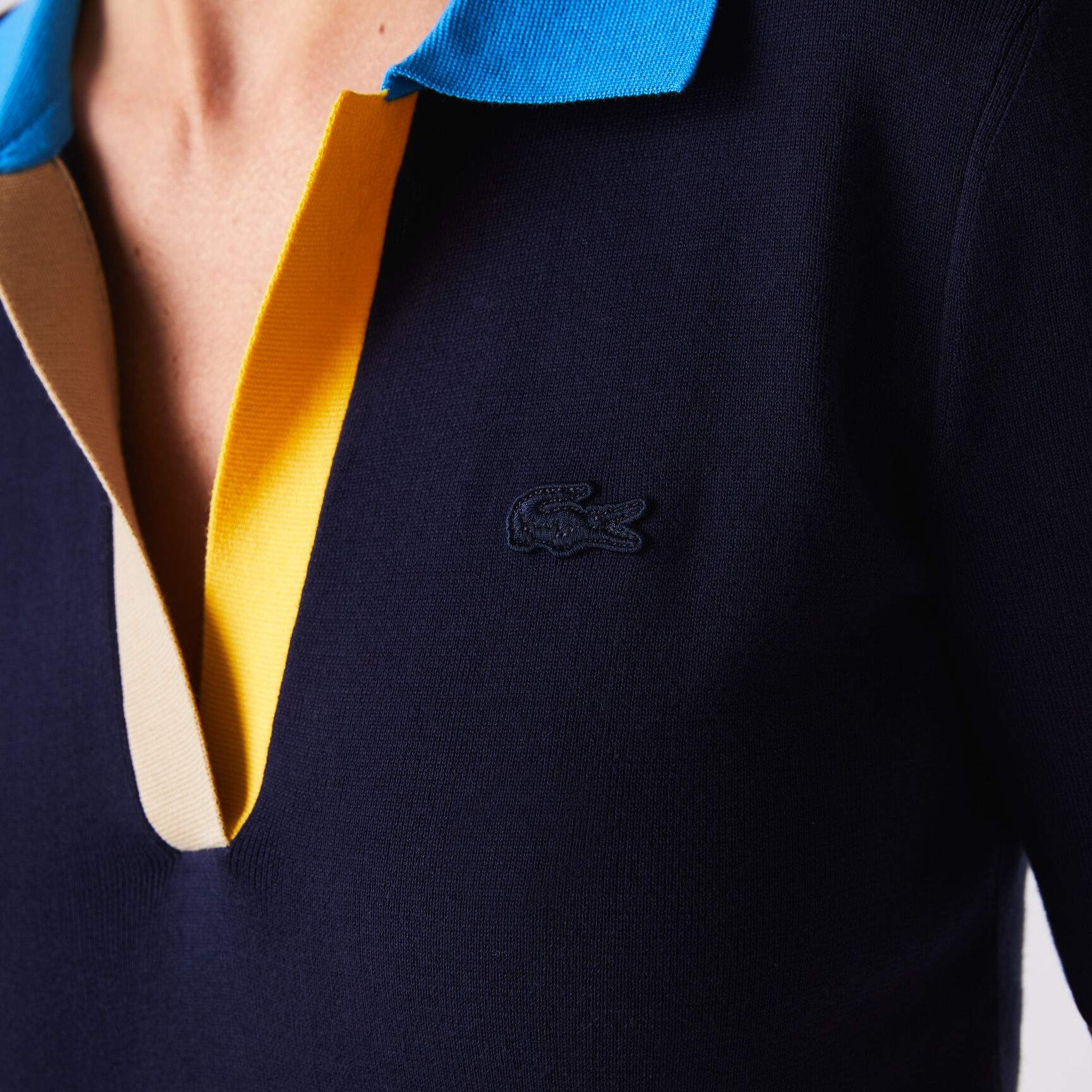 Women's Polo Collar Two-Tone Cotton Sweater