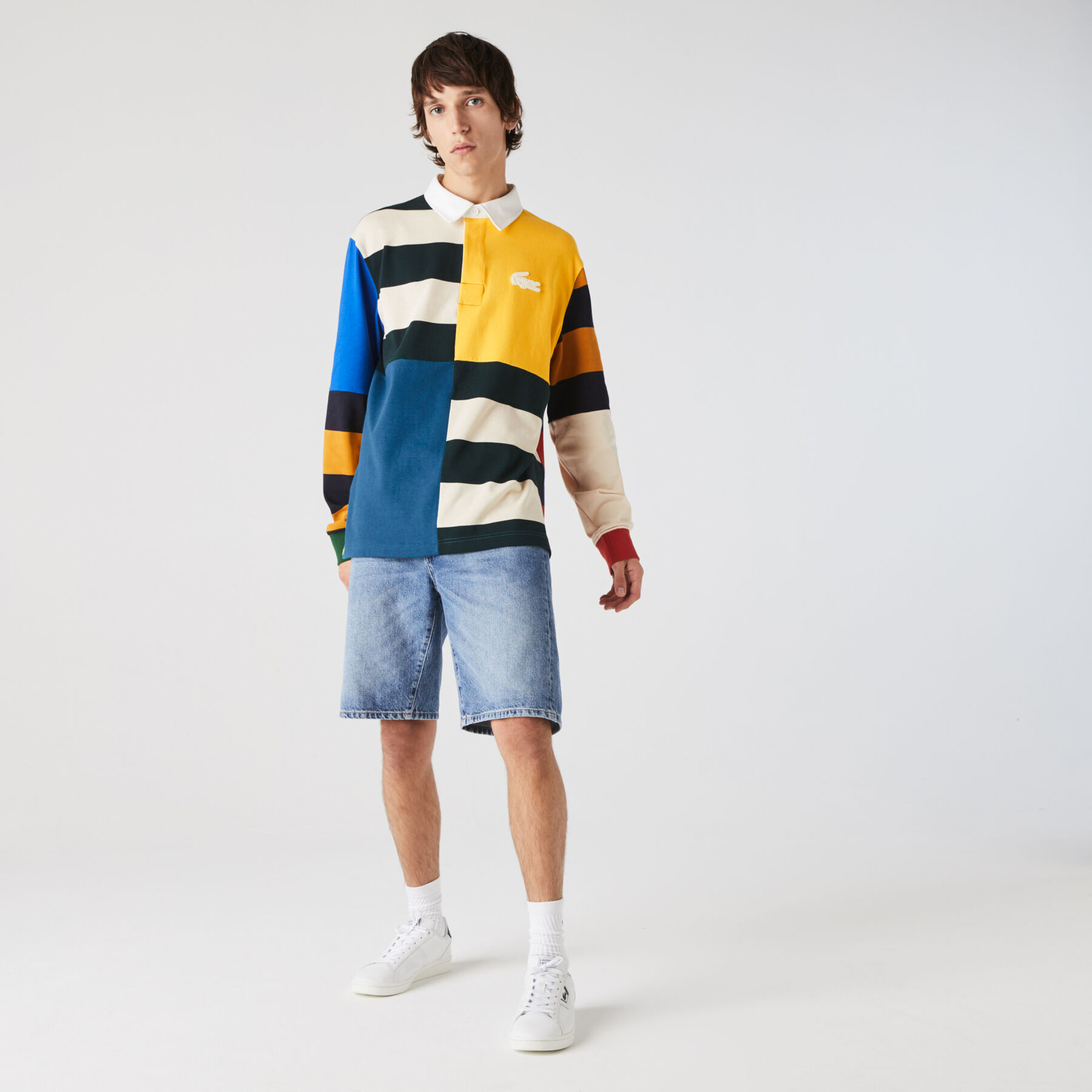 لاكوست قميص بولو قطني للرجال تصميم الرجبي بكتل لونية وقصة فضفاضة مجموعة lacoste live