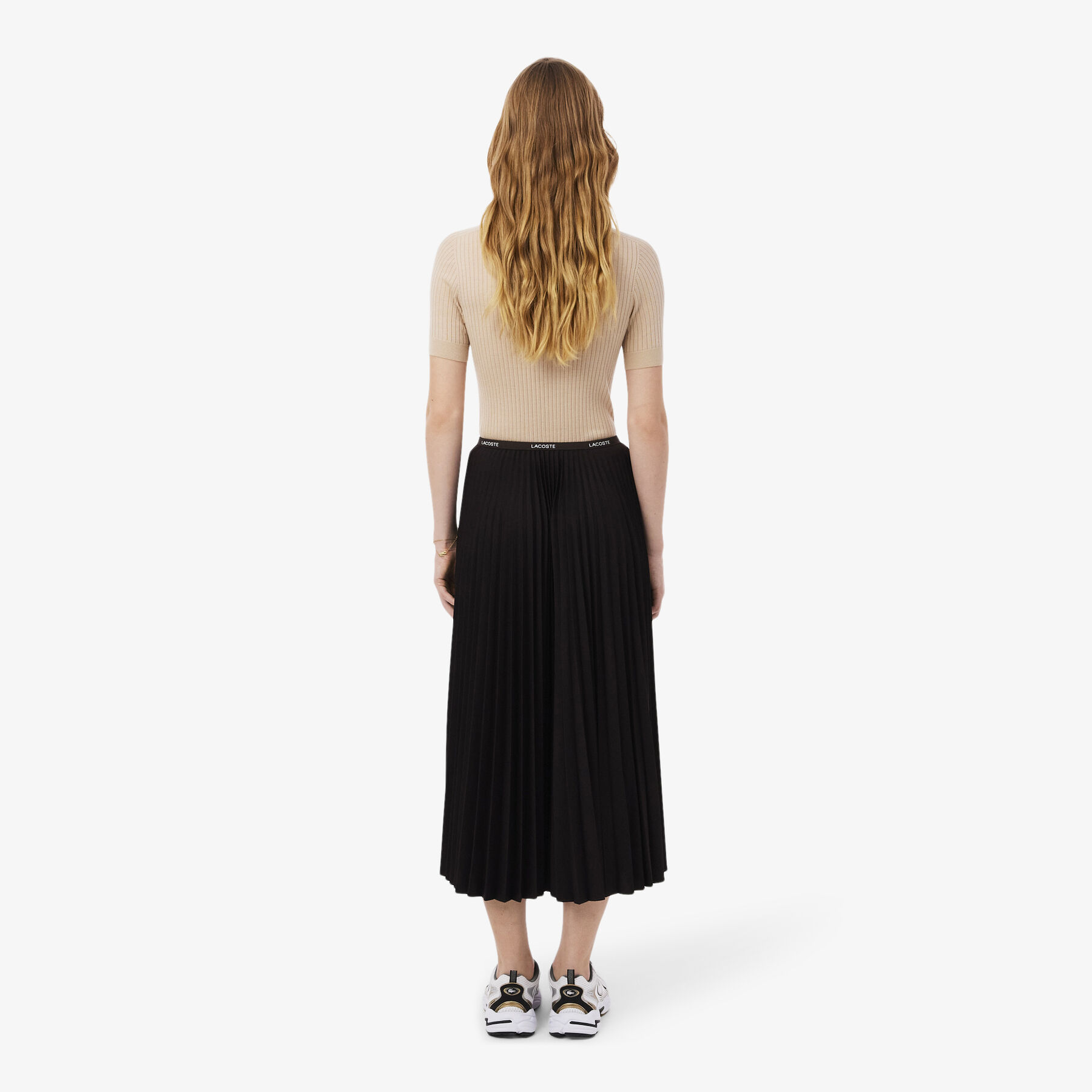 lacoste long pleated elasticated waist skirt