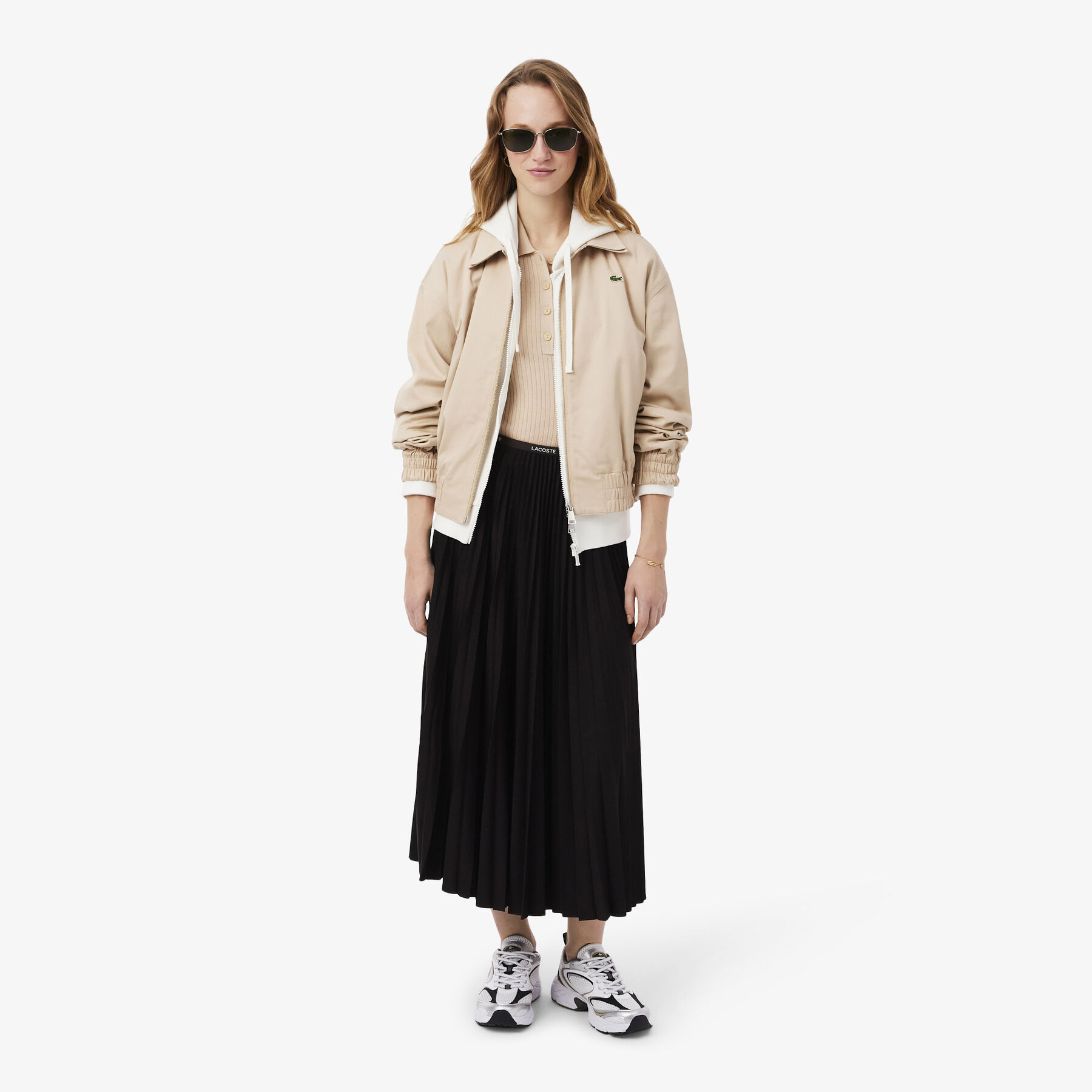 lacoste long pleated elasticated waist skirt