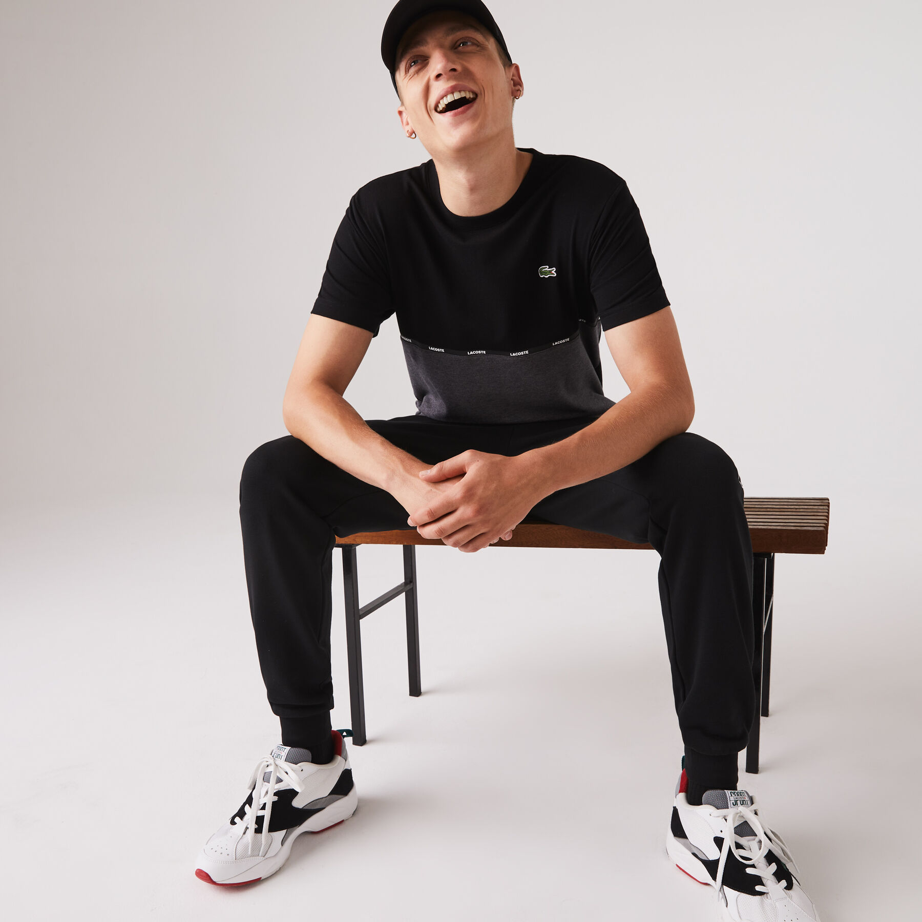 men s lacoste sport crew neck lightweight bicolour cotton t shirt