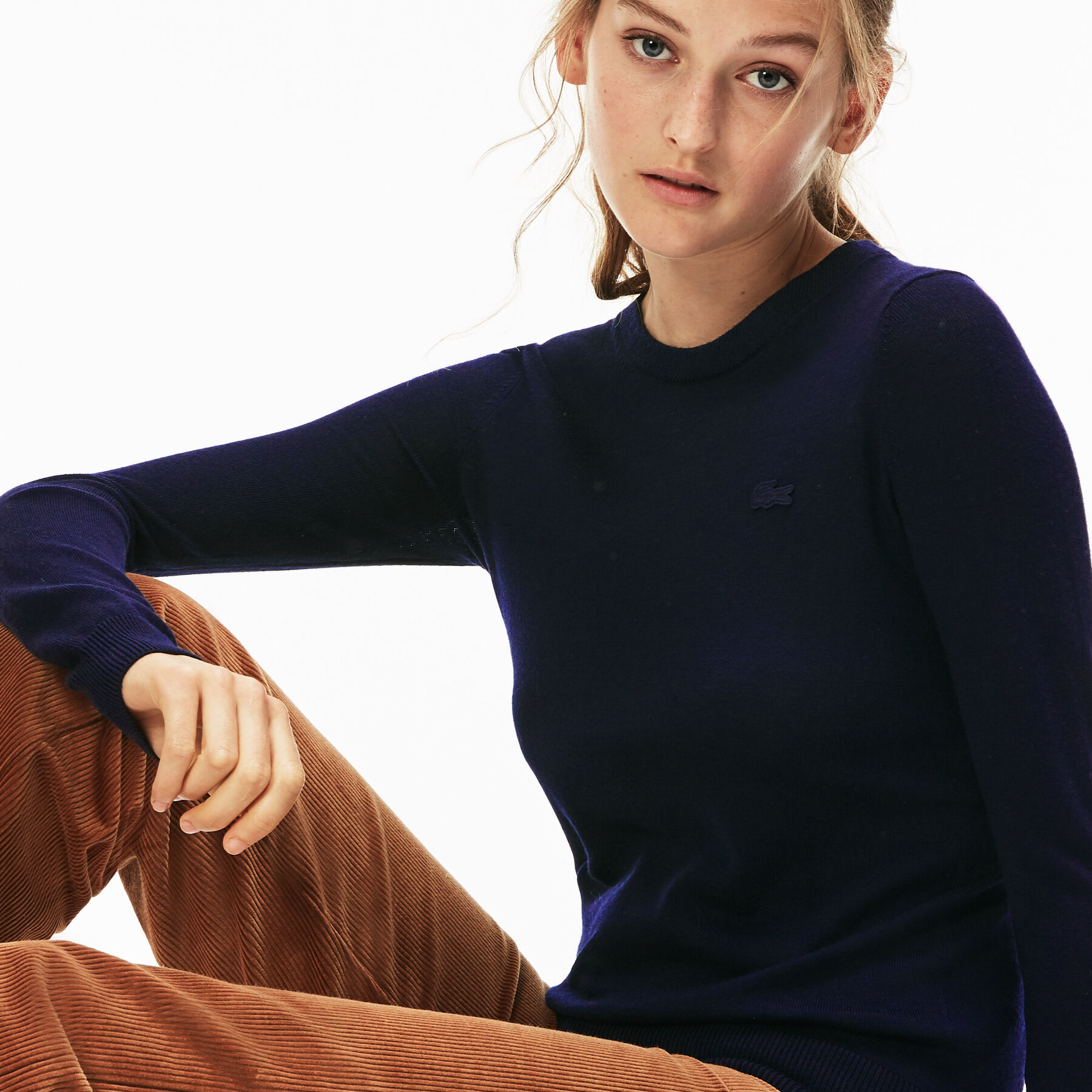 lacoste women s crew neck wool jersey sweater