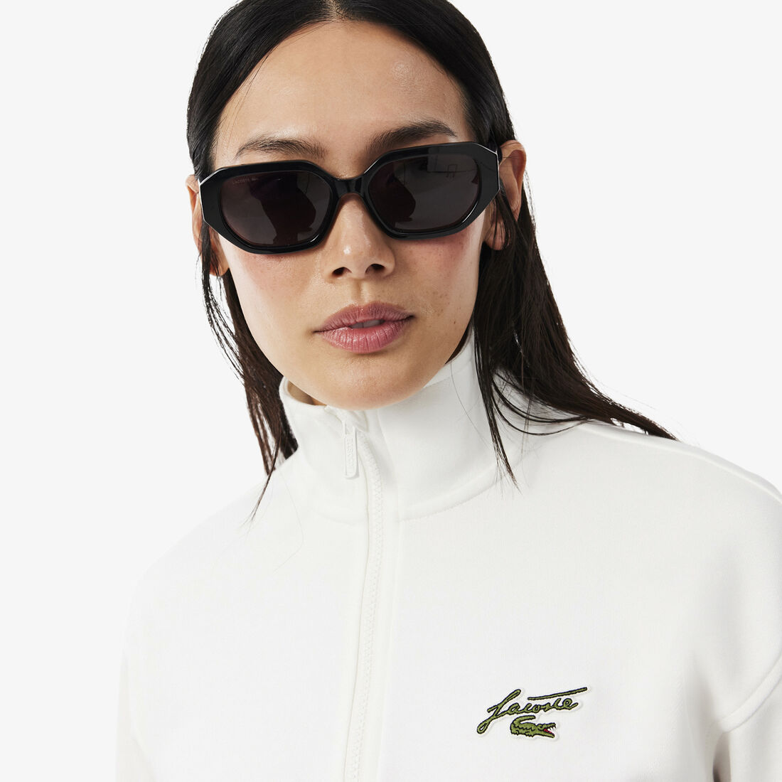 lacoste high neck zipped fleece badge sweatshirt