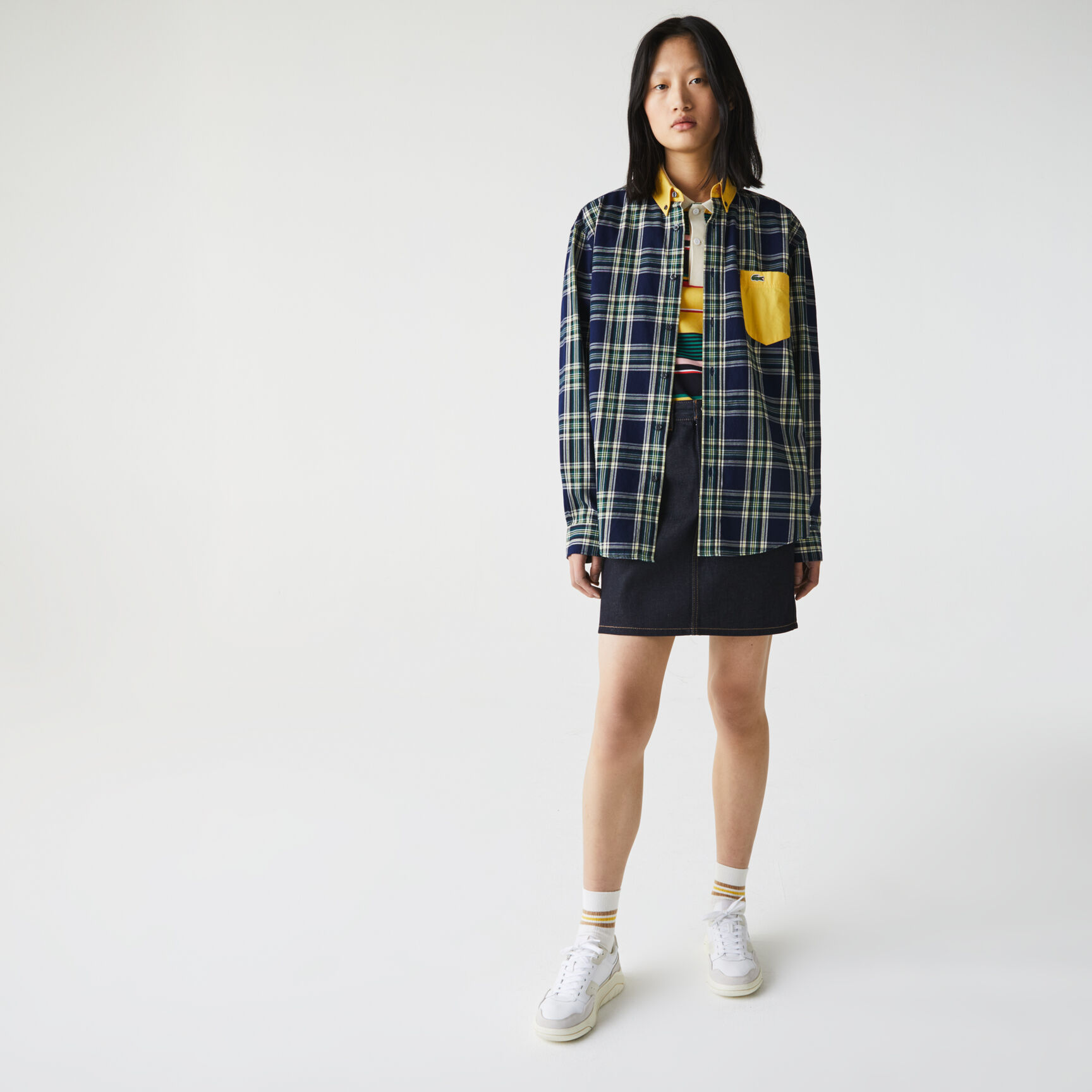 تي شيرت قطن كاروهات للجنسين قصة مربعة مجموعة Lacoste LIVE