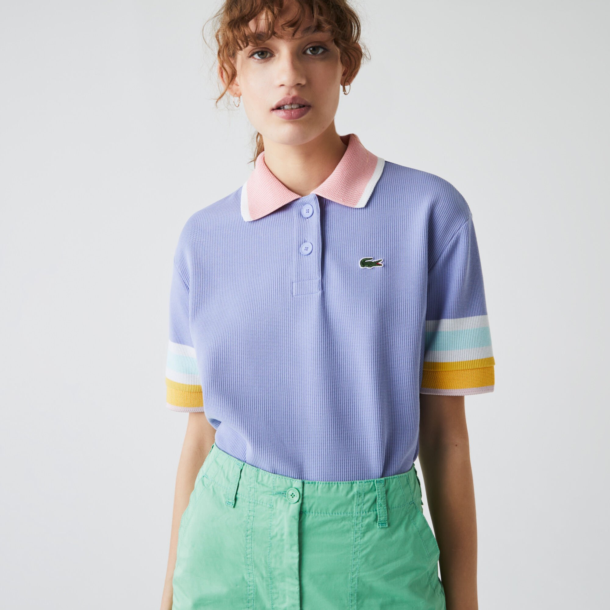 Buy Women s Lacoste Striped Sleeve Textured Cotton Polo Shirt Lacoste QA