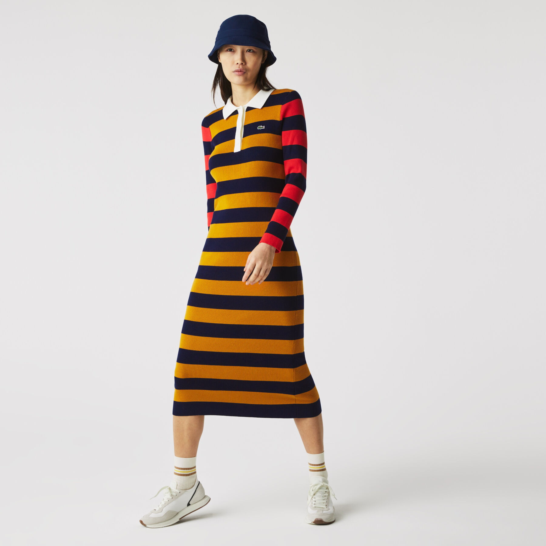 lacoste women s fitted striped ribbed mid length polo dress