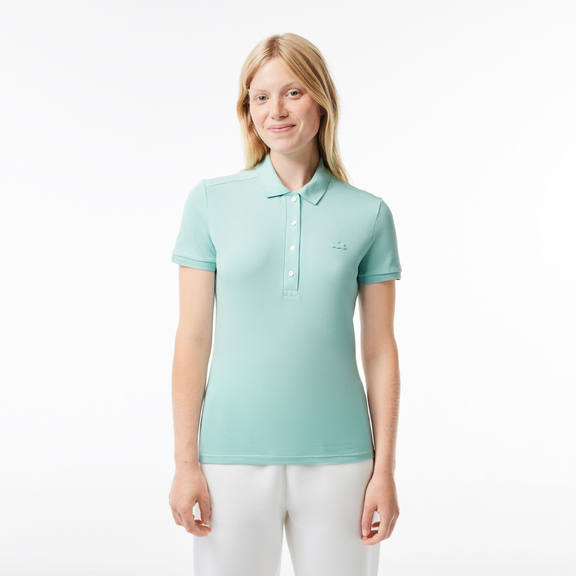 Women's slim fit stretch mini piqué polo shirt top
